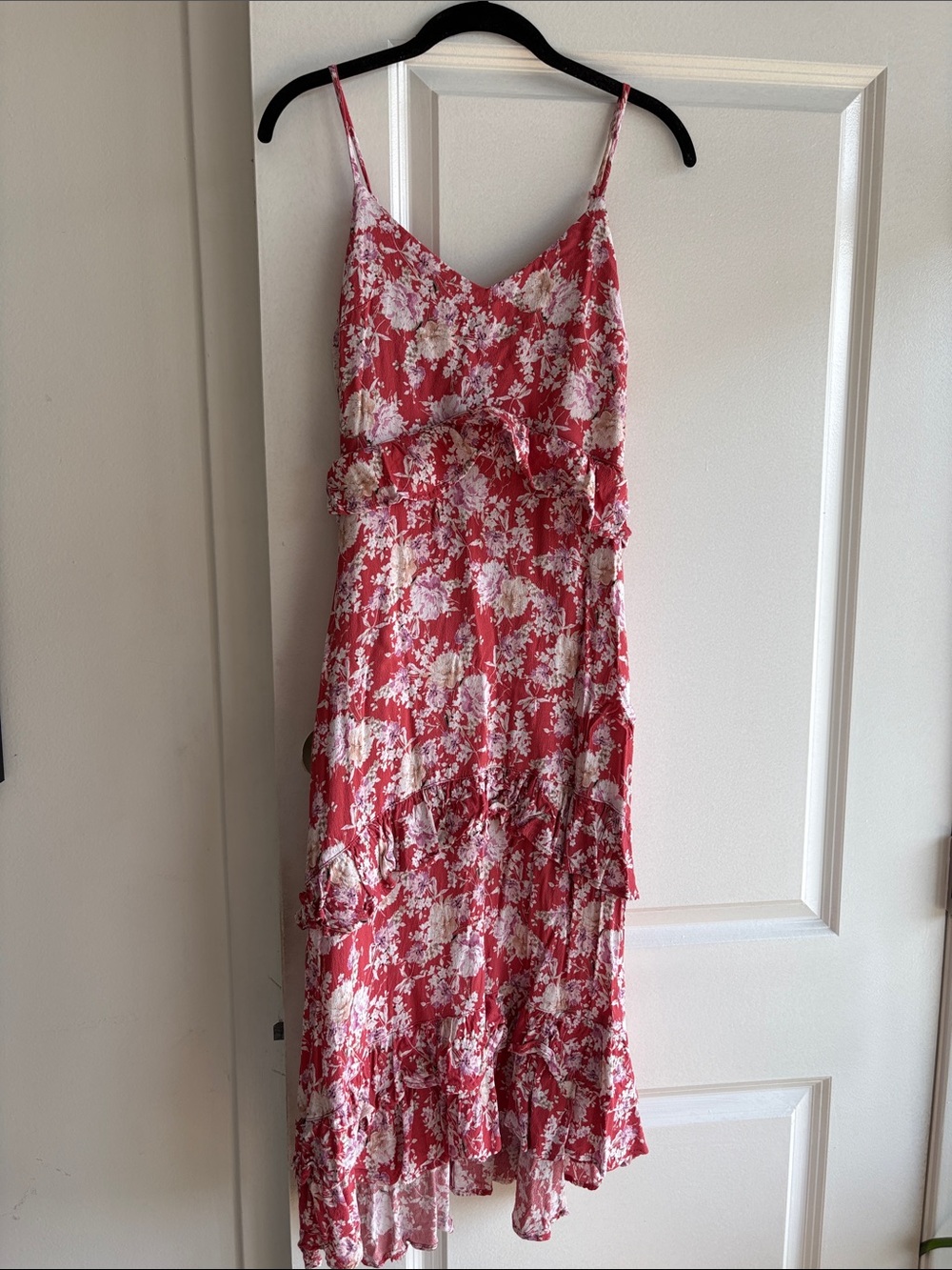 Row A - Floral Red Spaghetti-Strap Midi Dress with Ruffles